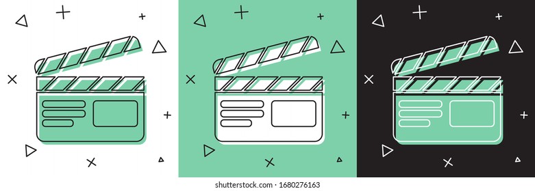 Set Movie clapper icon isolated on white and green, black background. Film clapper board. Clapperboard sign. Cinema production or media industry.  Vector Illustration