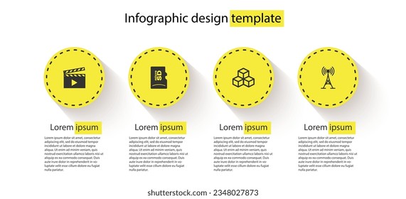 Set Movie clapper, Micro SD memory card, Isometric cube and Antenna. Business infographic template. Vector