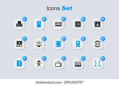 Set Movie clapper, No alcohol, Backstage, Scenario, Rope barrier, cell phone, Cinema chair and Play video icon. Vector