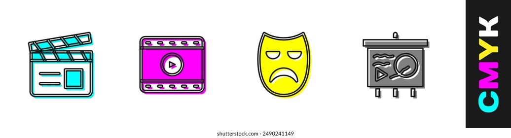 Set Movie clapper, Play Video, Drama theatrical mask and Scenario on chalkboard icon. Vector