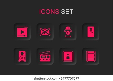 Set Movie clapper, Prohibition no video recording, Online play, Play Video, Backstage, Science fiction and Stereo speaker icon. Vector