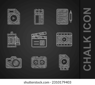 Set Movie clapper, Retro audio cassette tape, MP4 file document, Play Video, Photo camera, Camera roll cartridge, Scenario and AVI icon. Vector