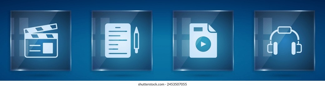 Set Movie clapper, Scenario, AVI file document and Headphones. Square glass panels. Vector