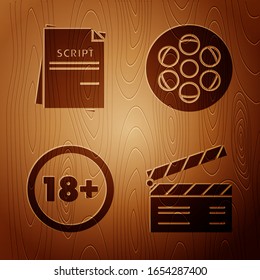 Set Movie clapper , Scenario , Under 18 years and Film reel  on wooden background. Vector