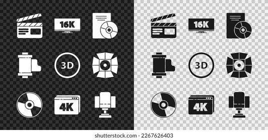 Set Movie clapper, Screen tv with 16k, CD or DVD disk, Online play video 4k, Director movie chair, Camera vintage film roll cartridge and 3D word icon. Vector