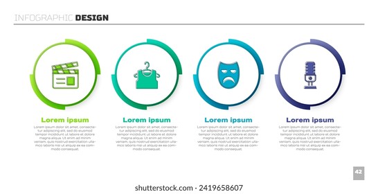 Set Movie clapper, Sleeveless T-shirt, Drama theatrical mask and Microphone. Business infographic template. Vector