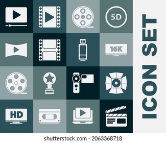 Set Movie clapper, spotlight, Screen tv with 16k, Film reel, Play Video, Online play video,  and USB flash drive icon. Vector