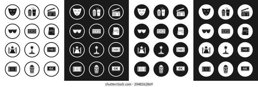 Set Movie clapper, VHS video cassette tape, Comedy and tragedy theatrical masks, Scenario, Popcorn soda drink glass, 4k movie, frame and Carpet with barriers star icon. Vector