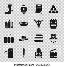 Set Movie clapper, Western cowboy hat, Potatoes french fries in box, Declaration of independence, Hotdog sandwich, City landscape, Cowboy boot and Buffalo skull icon. Vector