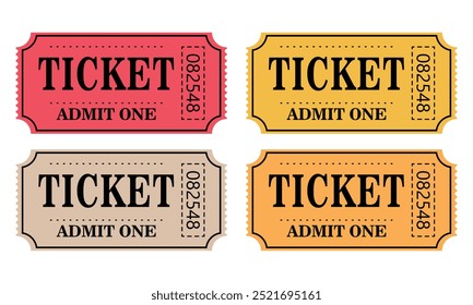 A set of movie colored ticket . Retro ticket design template. Tickets for cinema, movie, circus, carnival, film, festival, etc. Vector illustration.