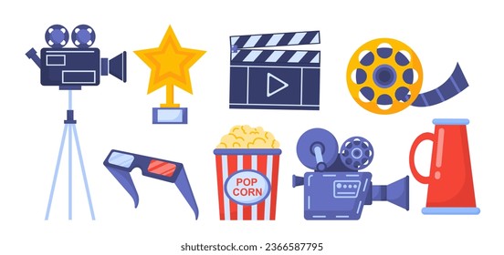 Set for movie concept. 3D glasses and camera, tape real and clapperboard. Series and film production elements. Entertainment and leisure. Cartoon flat vector collection isolated on white background