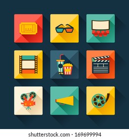 Set of movie design elements and cinema icons in flat style.