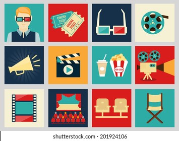 Set of movie design elements and cinema icons in flat style.