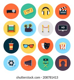 Set of movie design elements and cinema icons in flat style.