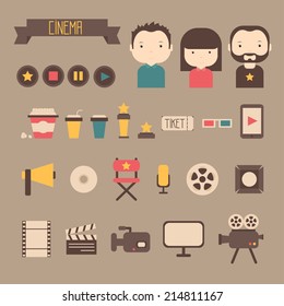 Set of movie design elements and cinema icons in flat style. Vector illustration.