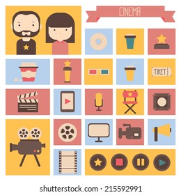 Set of movie design elements and cinema icons in flat style. 