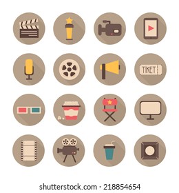 Set of movie design elements and cinema icons in flat style. Vector illustration.