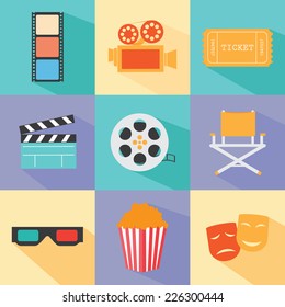 Set of movie design elements and cinema icons in flat style.