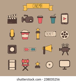 Set of movie design elements and cinema icons in doodle style. 