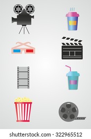 Set of movie design elements and cinema icons in flat style.