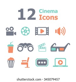 Set of movie design elements and cinema icons in flat style.