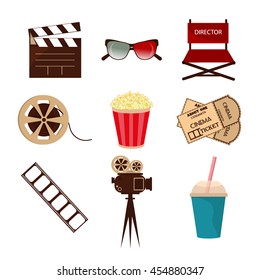 Set of movie design elements and cinema icons in flat style. Cinema symbols movie entertainment design, video 3d glasses. Director multimedia cinema symbols. Camera strip cinema symbols screen media.