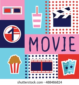 Set of movie design elements and cinema icons in flat style. pop culture