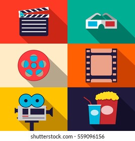 Set of movie design elements and cinema icons in flat style.