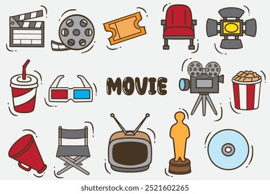 set of movie doodle color good for background, wallpaper, icons, element design, etc