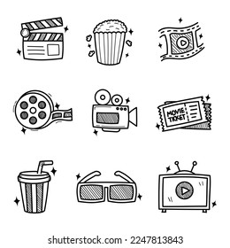 Conjunto de ilustraciones de doodles de películas con estilo adorable dibujado a mano aislado en el fondo blanco. Iconos del doodle de película