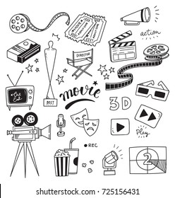 Set of movie doodle isolated on white background