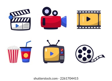 Conjunto de ilustraciones vectoriales de elementos de película en un diseño lindo y colorido aislado en fondo blanco