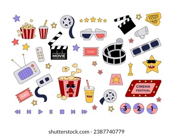 Set of movie elements in trendy retro groovy style. Cinema popcorn character, mascot objects collection. Design for web, banner, poster, flyer, paper print illustration. Vector