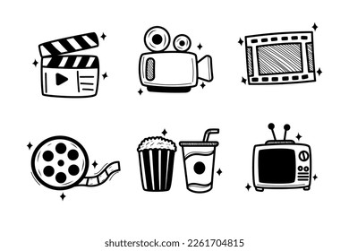 Set of movie elements vector illustration in cute doodle style isolated on white background