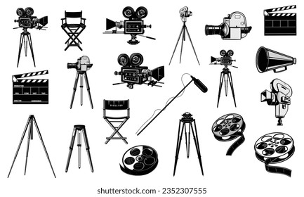 Set of movie equipment silhouette isolated on white background