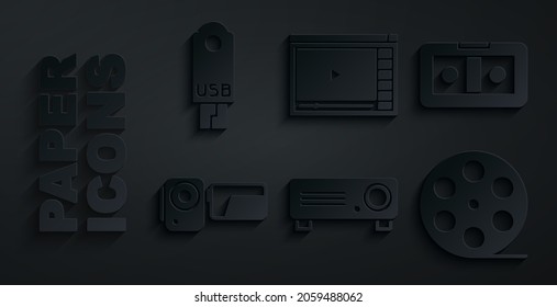 Set Movie, film, media projector, VHS video cassette tape, Cinema camera, Film reel, Online play and USB flash drive icon. Vector