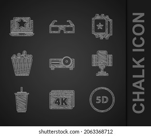 Set Movie, film, media projector, Online play video with 4k, 5d virtual reality, Director movie chair, Paper glass water, Popcorn box, Cinema ticket and Laptop star icon. Vector