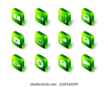 Set Movie, film, media projector, Carpet with barriers, Laptop 4k video, star, Megaphone, Cinema camera, Online play and spotlight icon. Vector