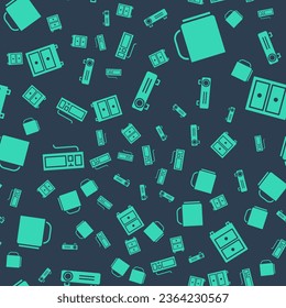 Set Movie, film, media projector, Coffee cup, Keyboard and Drawer with documents on seamless pattern. Vector