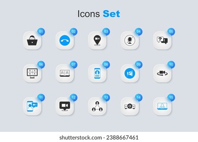 Set Movie, film, proyector multimedia, videoconferencia de chat, teléfono, vista de 360 grados, autónomo e icono. Vector