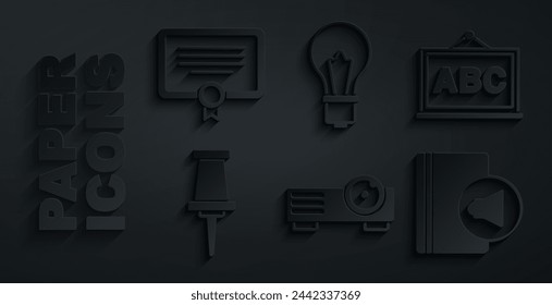 Set Movie, film, media projector, Chalkboard, Push pin, Audio book, Light bulb with idea and Certificate template icon. Vector