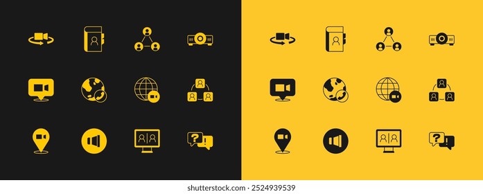 Set Movie, film, media projector, Speaker volume, Video chat conference, Meeting, 360 degree view and Phone book icon. Vector