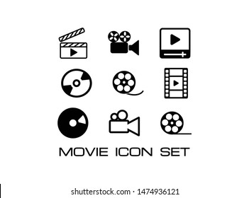 Conjunto de iconos y signos de película. Consiste en el tablero, la cámara de película, el disco compacto, el rodillo de película y mucho más. Sencillo y moderno aislado en fondo blanco.- Vector