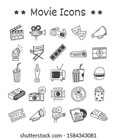 Set of Movie Icons in Doodle Style Vector Illustration