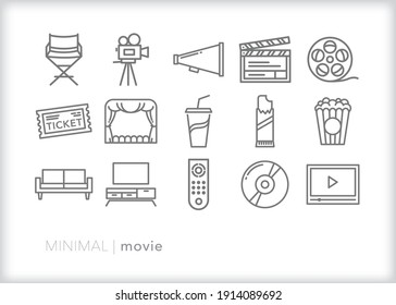 Set of movie icons for film making, watching a premier in a theater, streaming a movie at home with popcorn, candy and soda