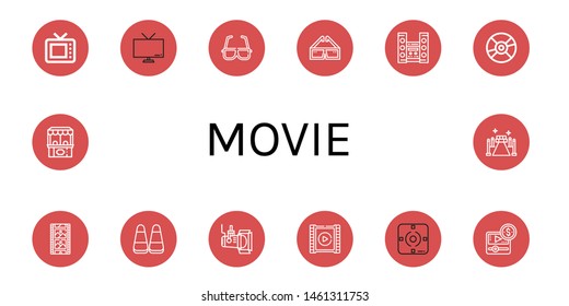 Set of movie icons such as Old tv, Tv, d glasses, Home theater, Compact disc, Film strip, Corn, Spotlight, Video player, Focus, Media player, Ticket office, Red carpet , movie