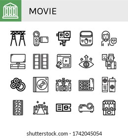 Set of movie icons. Such as Theatre, Spotlight, Camcorder, Action camera, Corn, Actor, Television, Film, Entertainment, Focus, Carpet, Dvd, Gimbal, Ticket, Film strip , movie icons