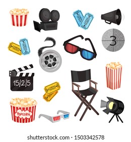 Set of movie items. Vector illustration on a white background.