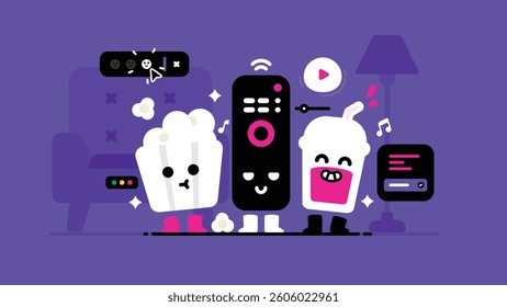 Set of Movie night at home, collection of cute Popcorn, TV remote and Plastic takeaway juice cup, Smiley sweet Movie essentials, flat Vector illustration.