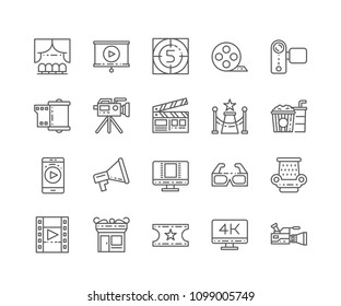 Set of Movie outline icons isolated on white background. Editable Stroke. 64x64 Pixel Perfect.